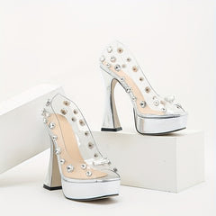 Rhinestone Platform Peep Toe Heels Non-slip Summer Dress Shoes