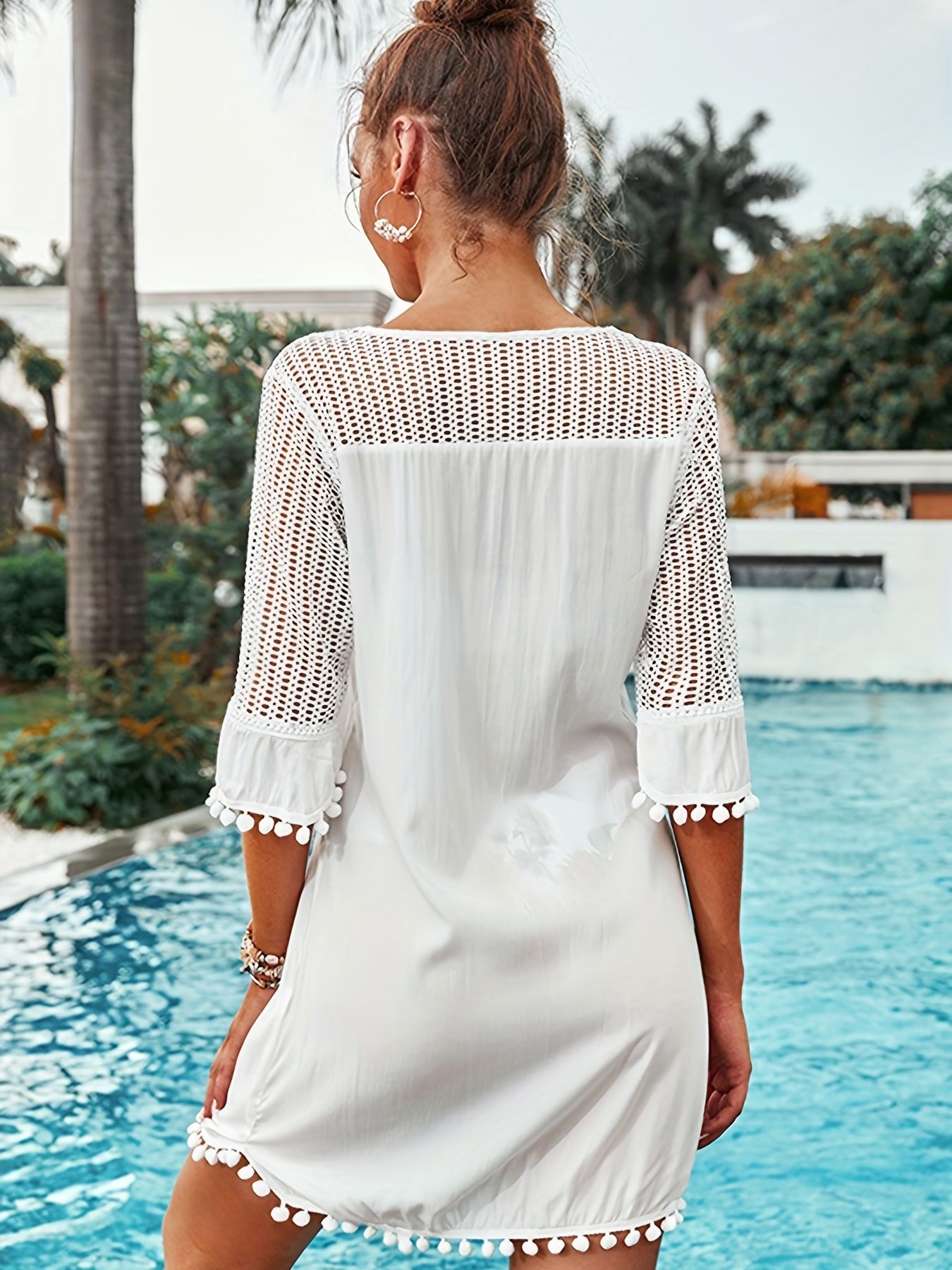 V Neck Kaftan Cover Up Dress Pom Pom Decor Contrast Mesh Half Sleeves