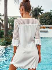 V Neck Kaftan Cover Up Dress Pom Pom Decor Contrast Mesh Half Sleeves