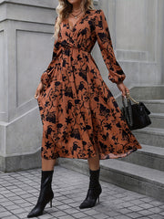 Floral Print V Neck Long Sleeve Dress
