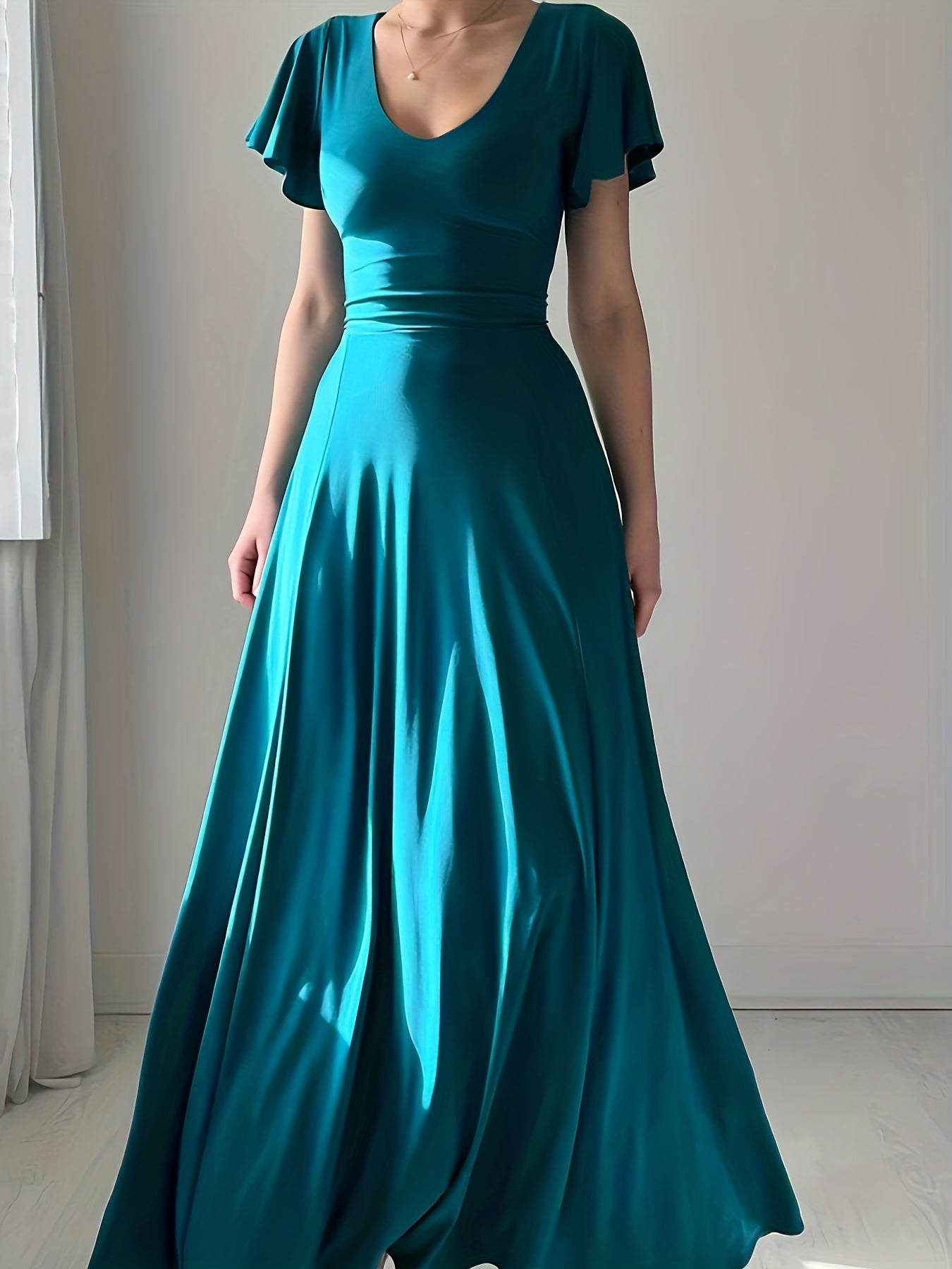Solid Ruffle Sleeve V Neck Maxi Party Dress