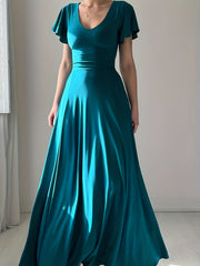 Solid Ruffle Sleeve V Neck Maxi Party Dress