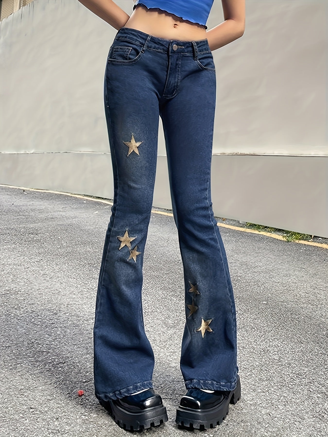Golden Star Embroidery Flare Leg Jeans Y2K Bell Bottoms