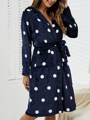 Polka Dot Fuzzy Night Robe Long Sleeve Hooded Robe