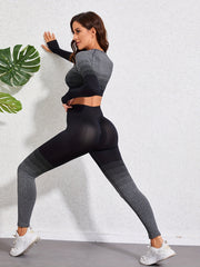 2Pcs Seamless Sports Set Long Sleeves Round Neck Tee & High Waist Yoga Leggings