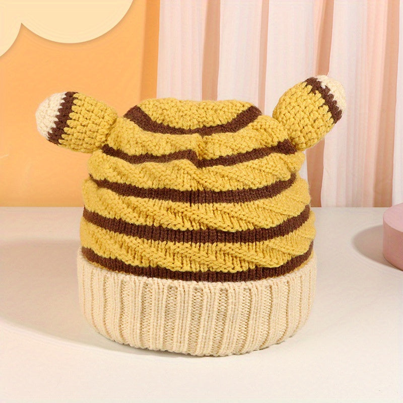 Kids Wool Striped Knit Hat w/ Horn for Daily Use