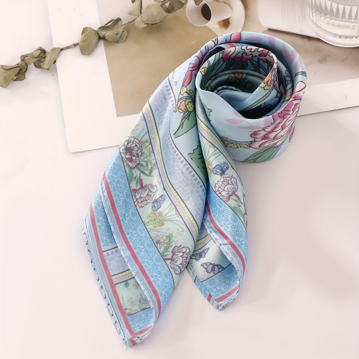 Butterfly Plant Flower Print Bandana Square Scarf Head Wrap Women Satin Necke