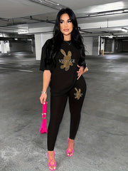 Rabbit & Letter Print Two piece Set Short Sleeve T shirt & Casual Leggings
