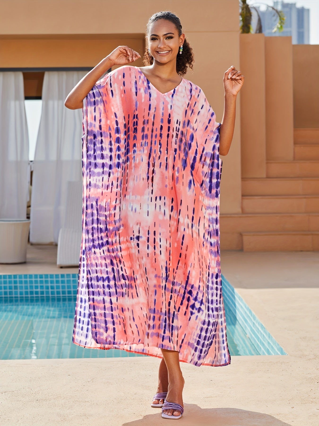Tie Dye Stripe Print V Neck Maxi Beach Cover Up