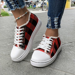 Women's Plaid Canvas Low Top Flat Sneakers Lace Up Walking Shoes