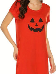 Pumpkin Print NightDress Halloween Short Sleeve Crew Neck Pajama Dress