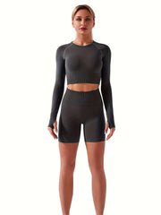 Yoga Workout Set Long Sleeve Top & High Waist Shorts Women's Activewear