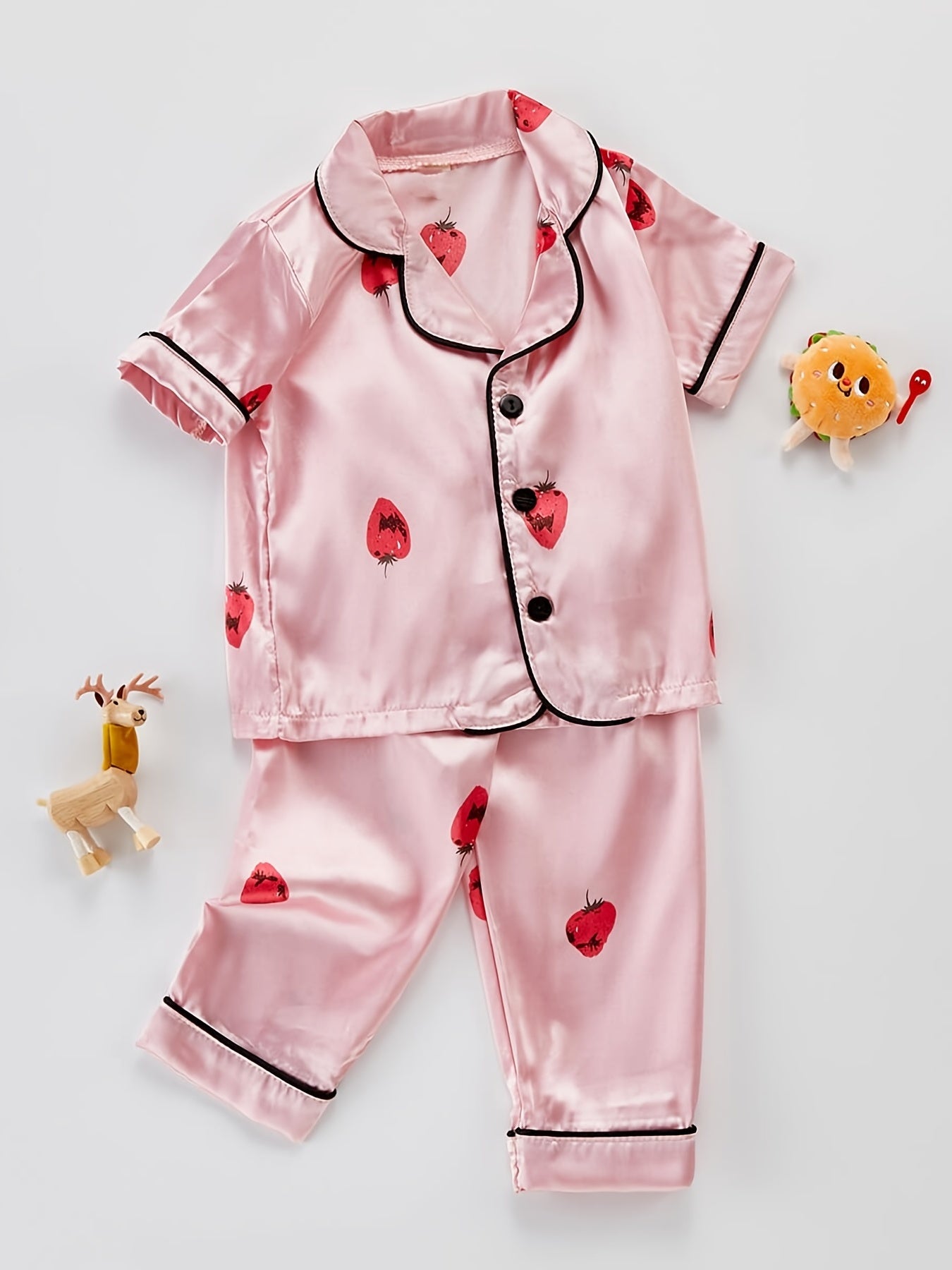 Girls Strawberry Graphic Pajamas Set Short Sleeve Top & Pants Sleepwear