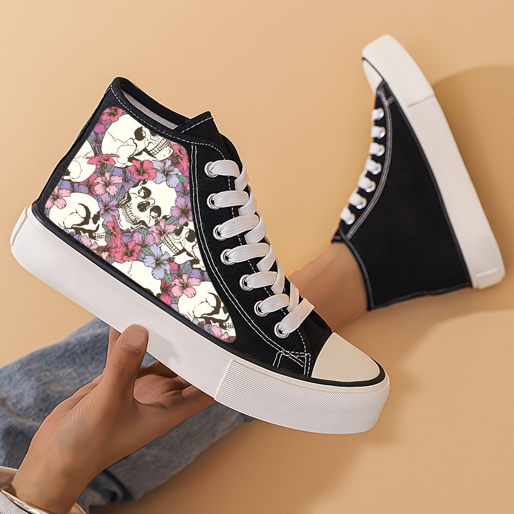 Skull & Flower Pattern High Top Skate Shoes Non Slip Lace Up Sneakers