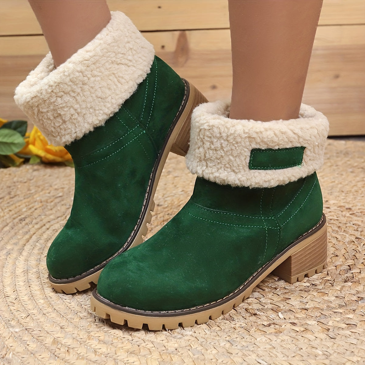 Women's Fuzzy Ankle Boots Chunky Heel Warm Velvet Fluffy Winter Shoes
