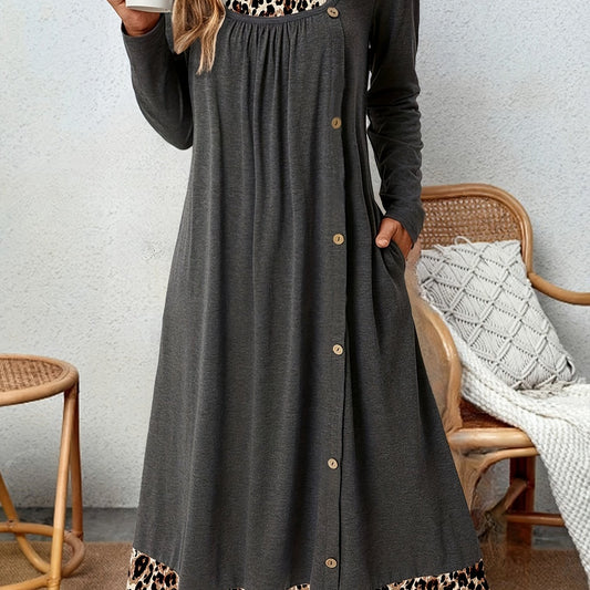 Colorblock Leopard Print Square Neck Midi Dress
