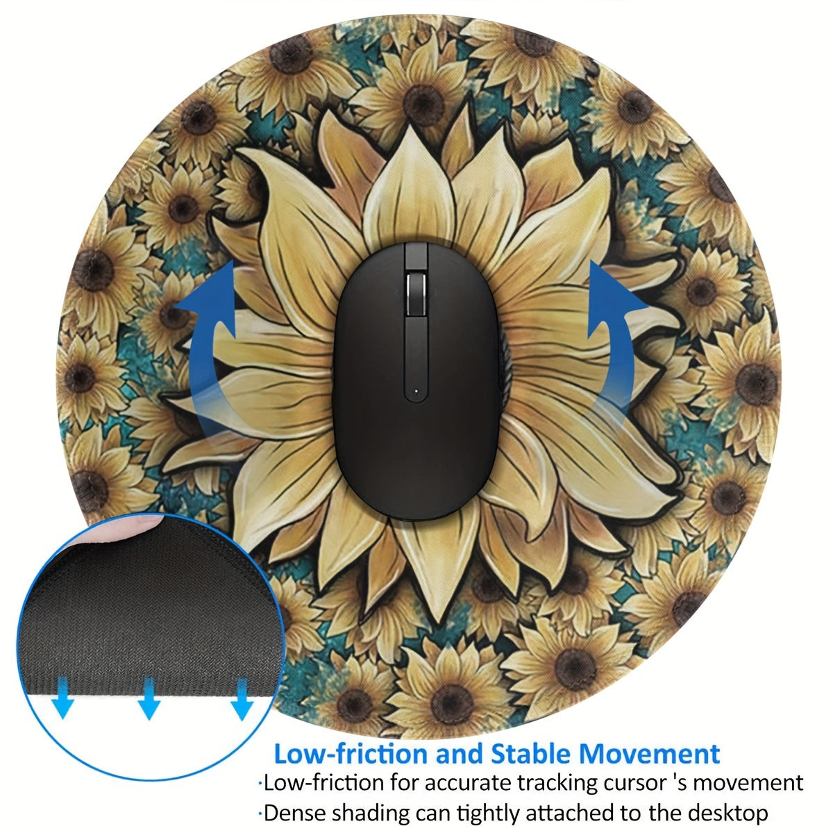 Boho Sunflower & Turquoise Round Mouse Pad Non Slip Base Mousepad