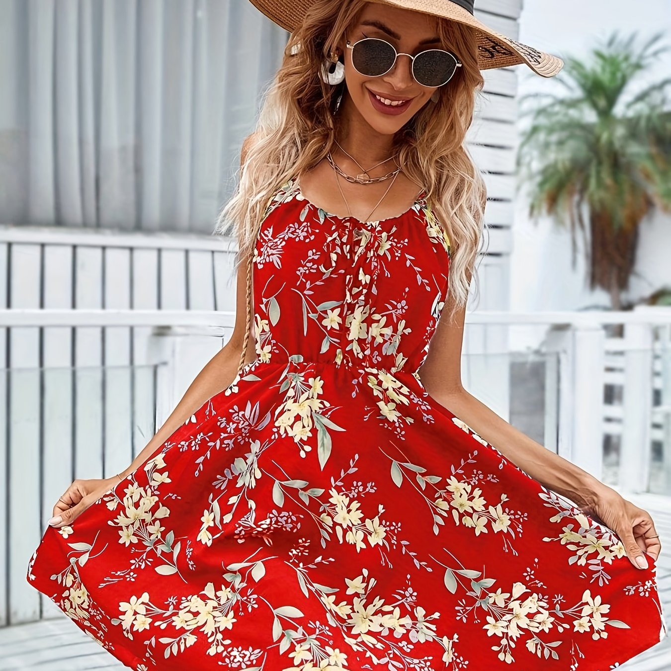 Floral Print Cami Dress Sleeveless Slim Waist Summer Dress