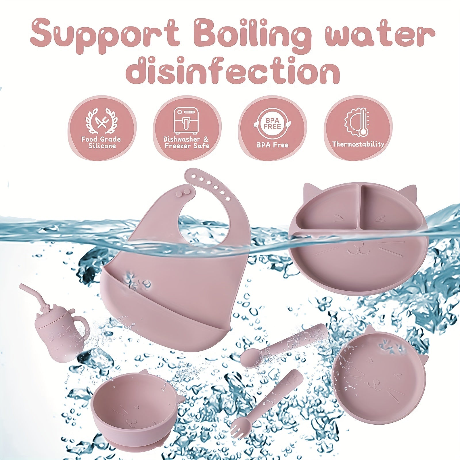 Toddler Plates Silicone Infant Eating Set Cat 3-5pcs