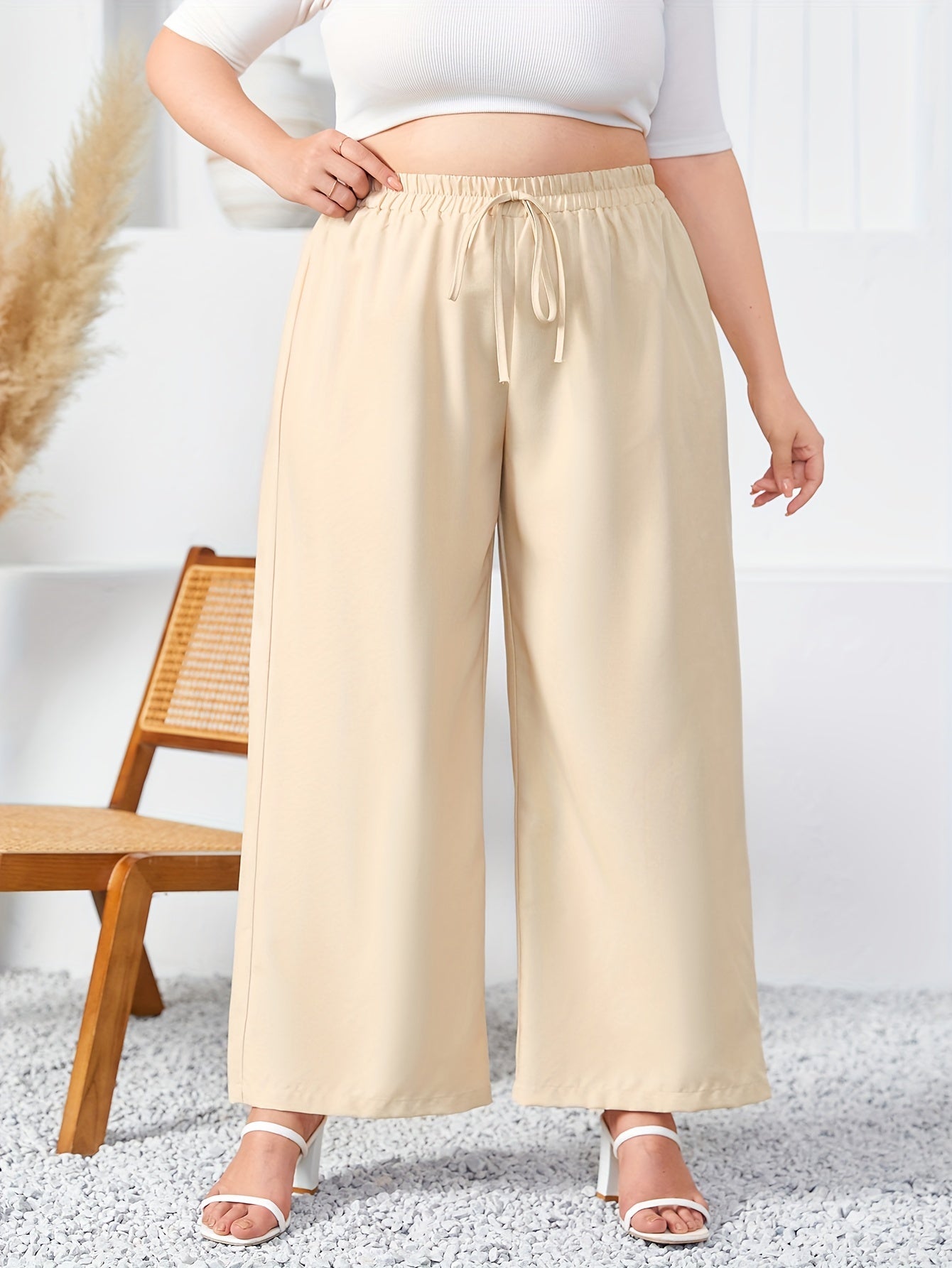Wide Leg Trousers Elastic Drawstring Solid Pants