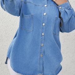 Casual Denim Blouse Women's Plus Solid Pipping Button Up Long Sleeve