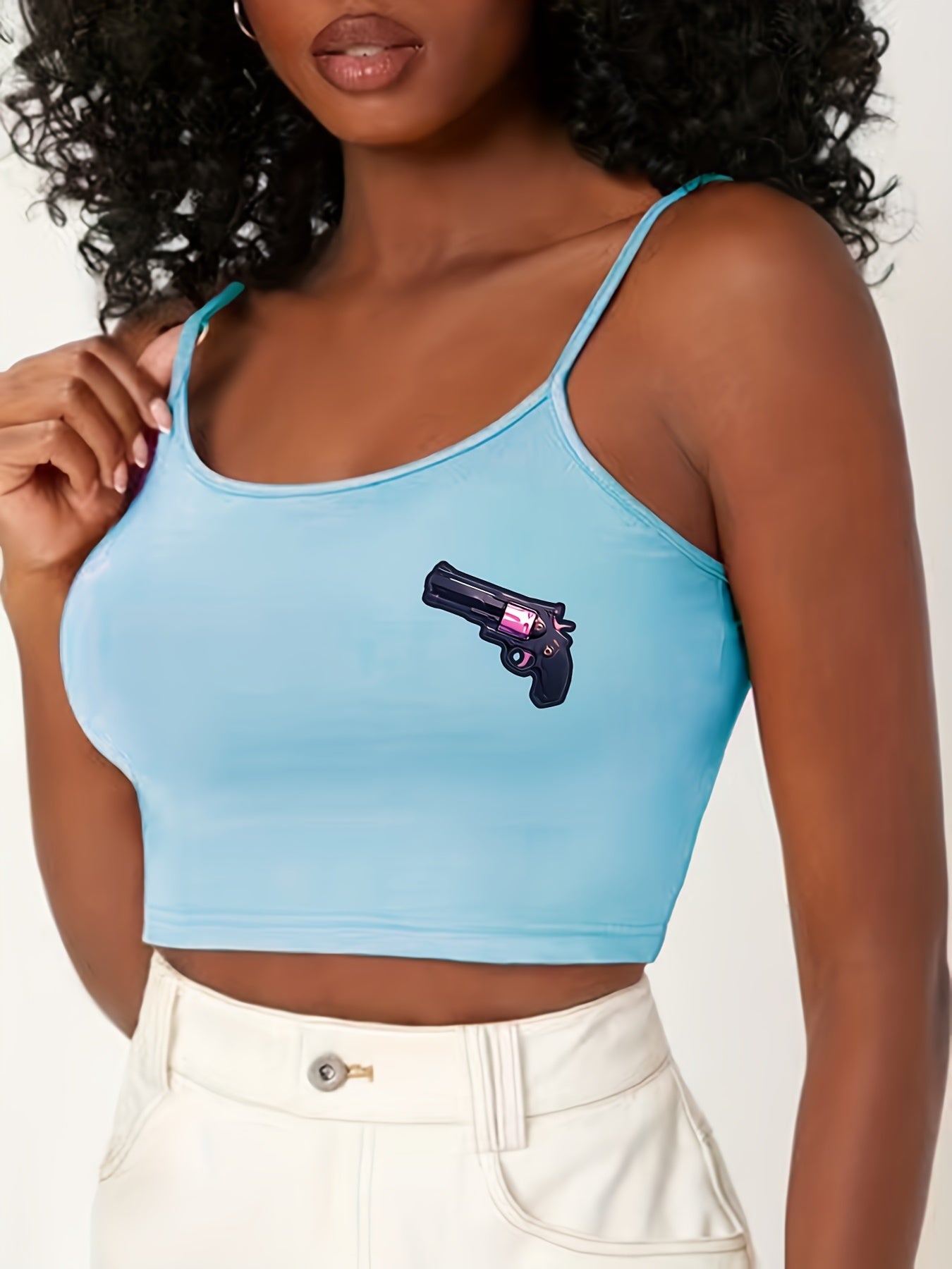 Pistol Print Sleep Tops Crew Neck Spaghetti Strap Top Women's Sleepwear