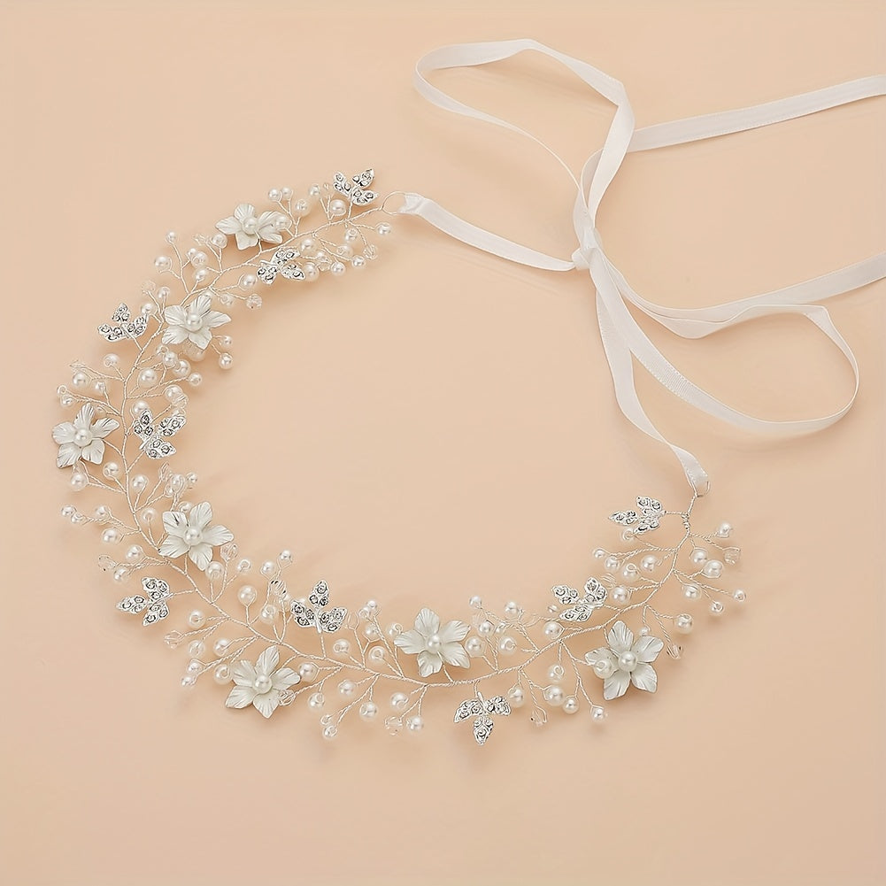 Flower Charm Hair Band Rhinestone & Pearl Headband Bridal Wedding