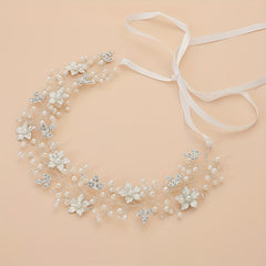 Flower Charm Hair Band Rhinestone & Pearl Headband Bridal Wedding