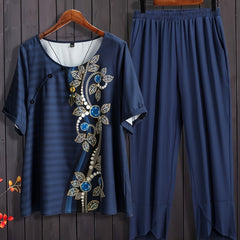Casual Outfits Women's Floral & Stripe Print Tee & Harem Pants Set