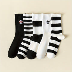 5 Pairs Soft & Breathable Striped Mid Tube Socks Women's Stockings