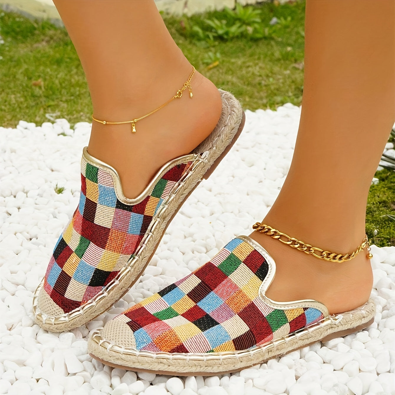 Colorful Plaid Mules Closed Toe Slip On Espadrille Flat Shoes