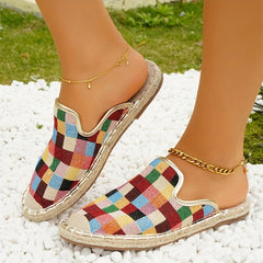 Colorful Plaid Mules Closed Toe Slip On Espadrille Flat Shoes