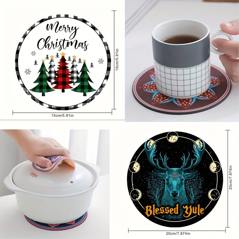 4pcs Santa Claus Printed Coaster Absorbent Mat Anti-scald Placemat