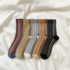 5 Pairs Colorblock Striped Socks, Retro Style Stockings