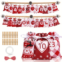 24pcs Hanging Christmas Advent Calendar Bags for Xmas Navid
