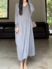 Solid Long Sleeve Maxi Dress With Pockets