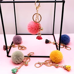 Funny Plush Ball Keychain with Bowknot Tassel Fruit Snap Hook