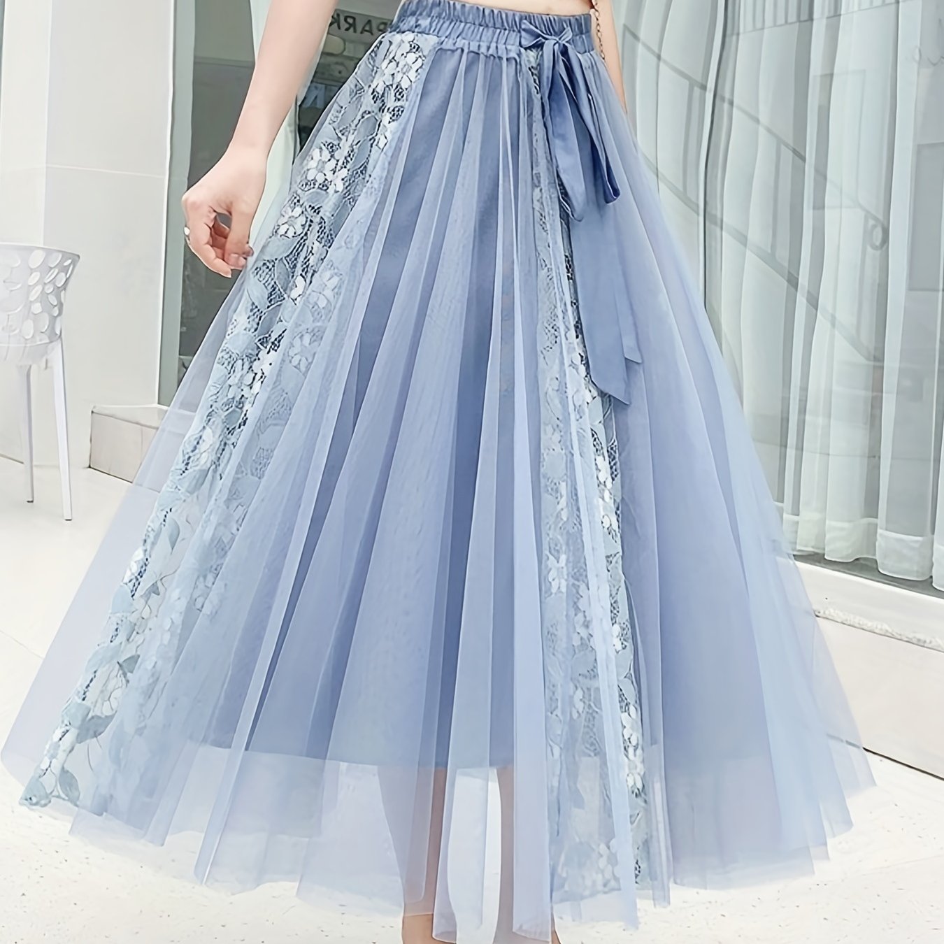 Lace Pleated Maxi Skirt with High Waist