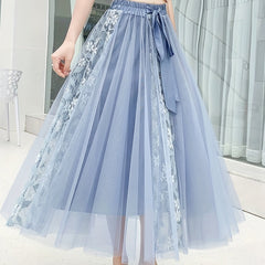 Lace Pleated Maxi Skirt with High Waist