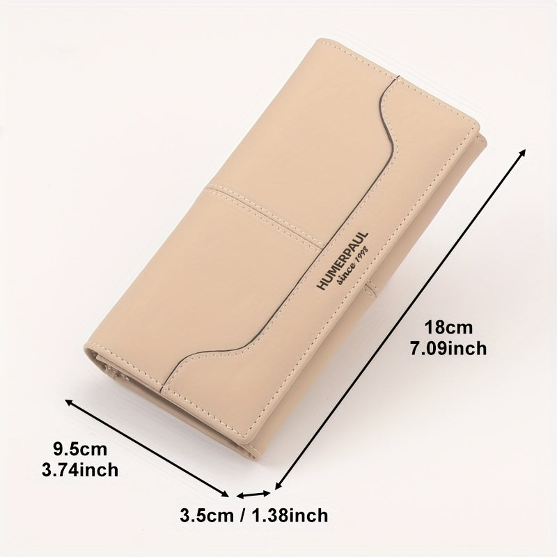 HUMERPAUL Women's Vintage Long Wallet Top Grain Leather Beige Button Closure