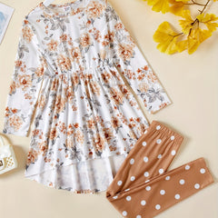 2pcs Girl Floral High Low Tee & Polka Dots Leggings Set Spring Fall