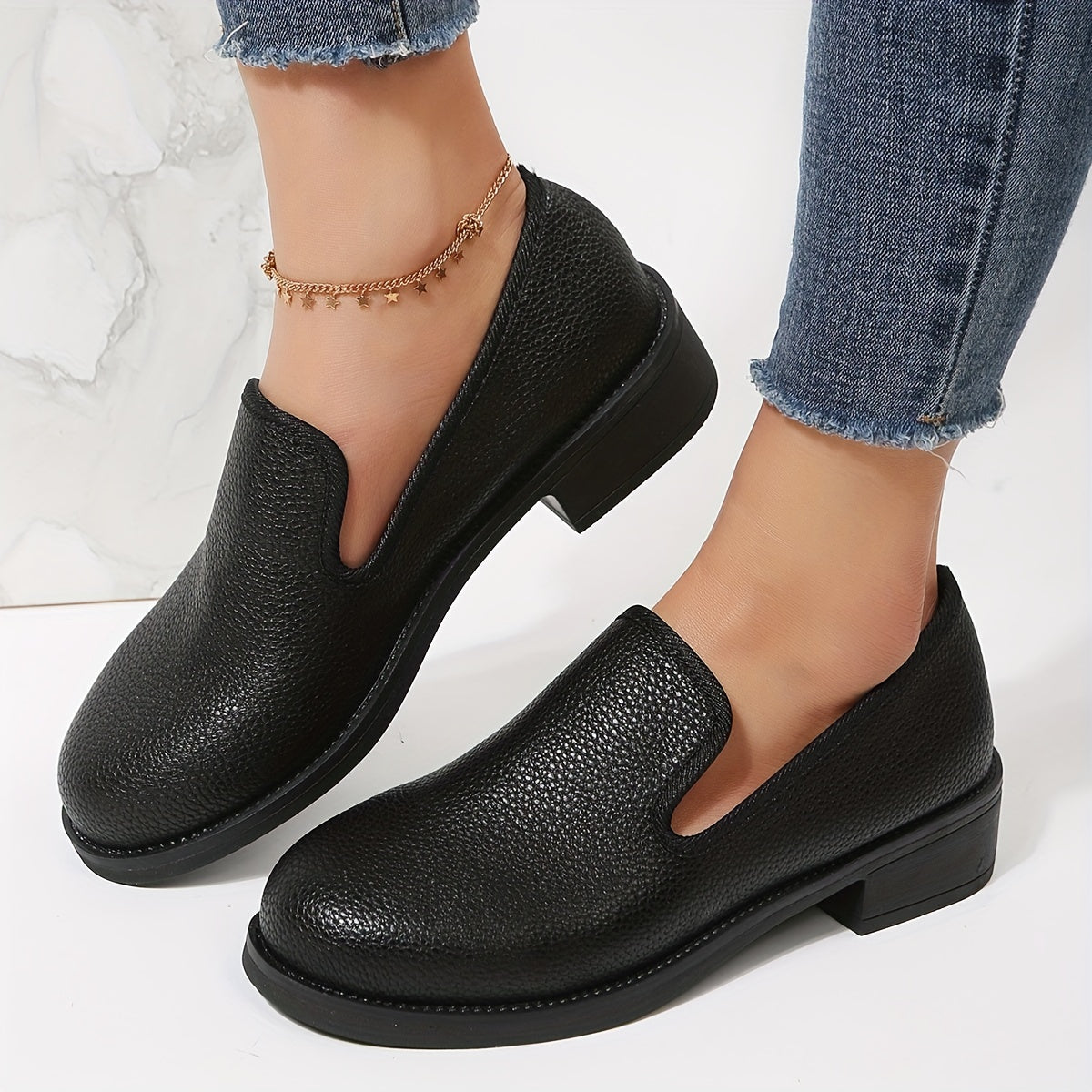 Lychee Pattern Loafers Chunky Heel Shoes Faux Leather