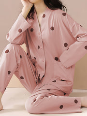 Polka Dot Print Pajama Set Long Sleeve Top & Pants Women's Sleepwear