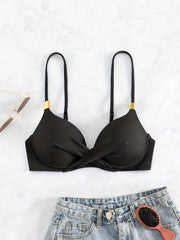 V Neck Layered Bikini Top Spaghetti Straps Back Buckle High Stretch Beachwear