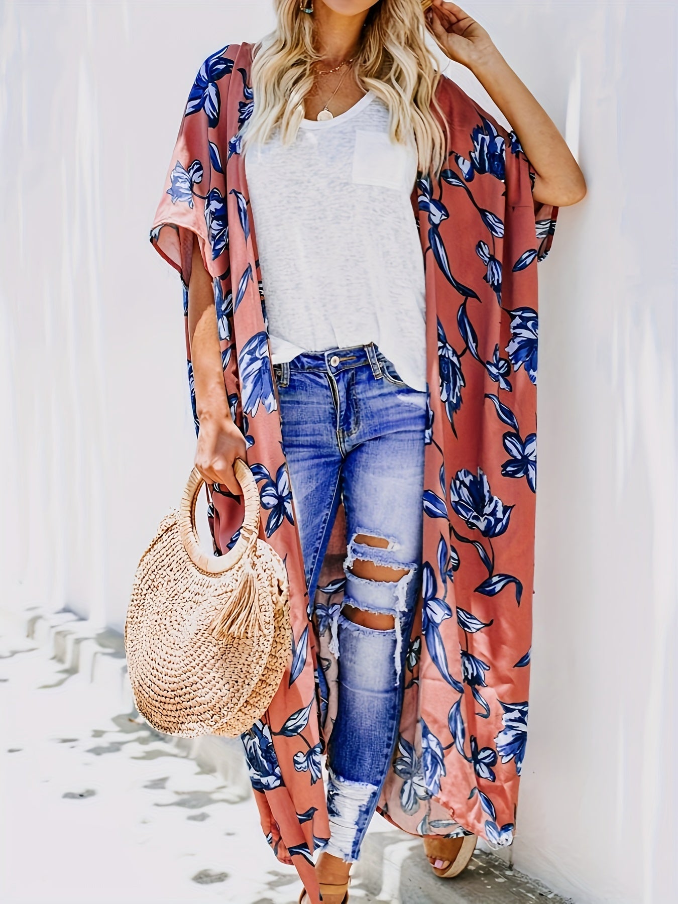 Plant Graphic Cover Up Shirt Loose Fit Non Stretch Beachwear Kimono