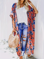 Plant Graphic Cover Up Shirt Loose Fit Non Stretch Beachwear Kimono