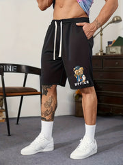Cartoon Bear Pattern Comfy Shorts Men's Casual Elastic Waist Shorts