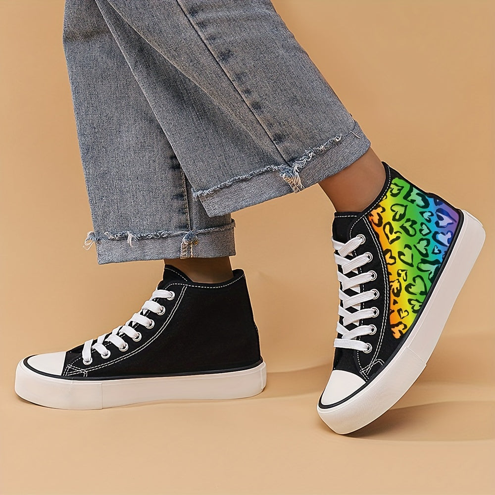 Heart Print Flat Chunky Canvas Sneakers High Top Skate Shoes