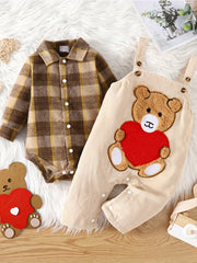 Baby Boys Plaid Romper & Bear Overall Pants Set