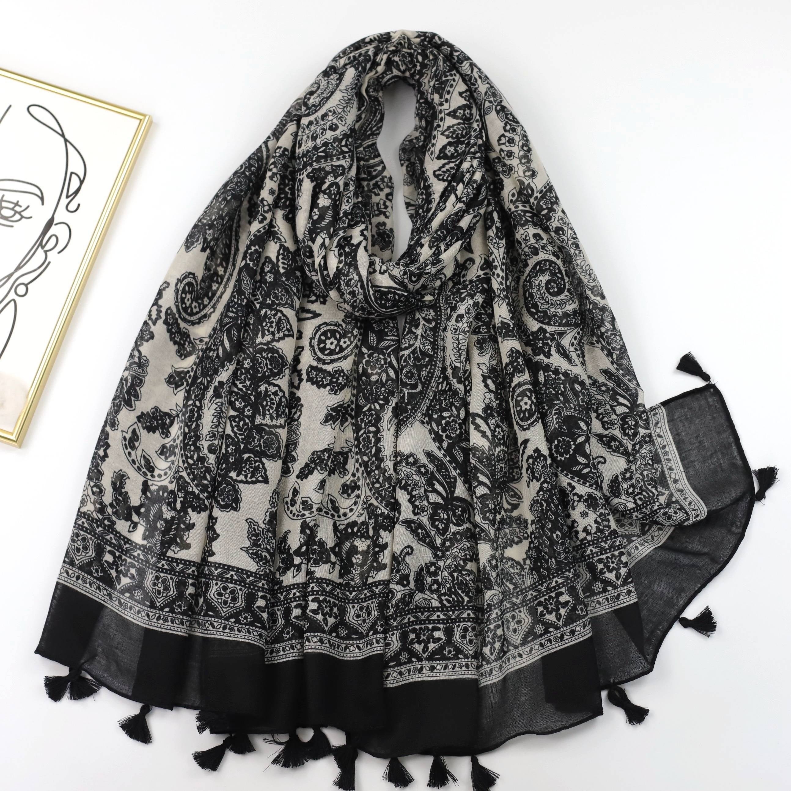 Floral Print Scarf Boho Tassel Shawl Classic Head Wrap